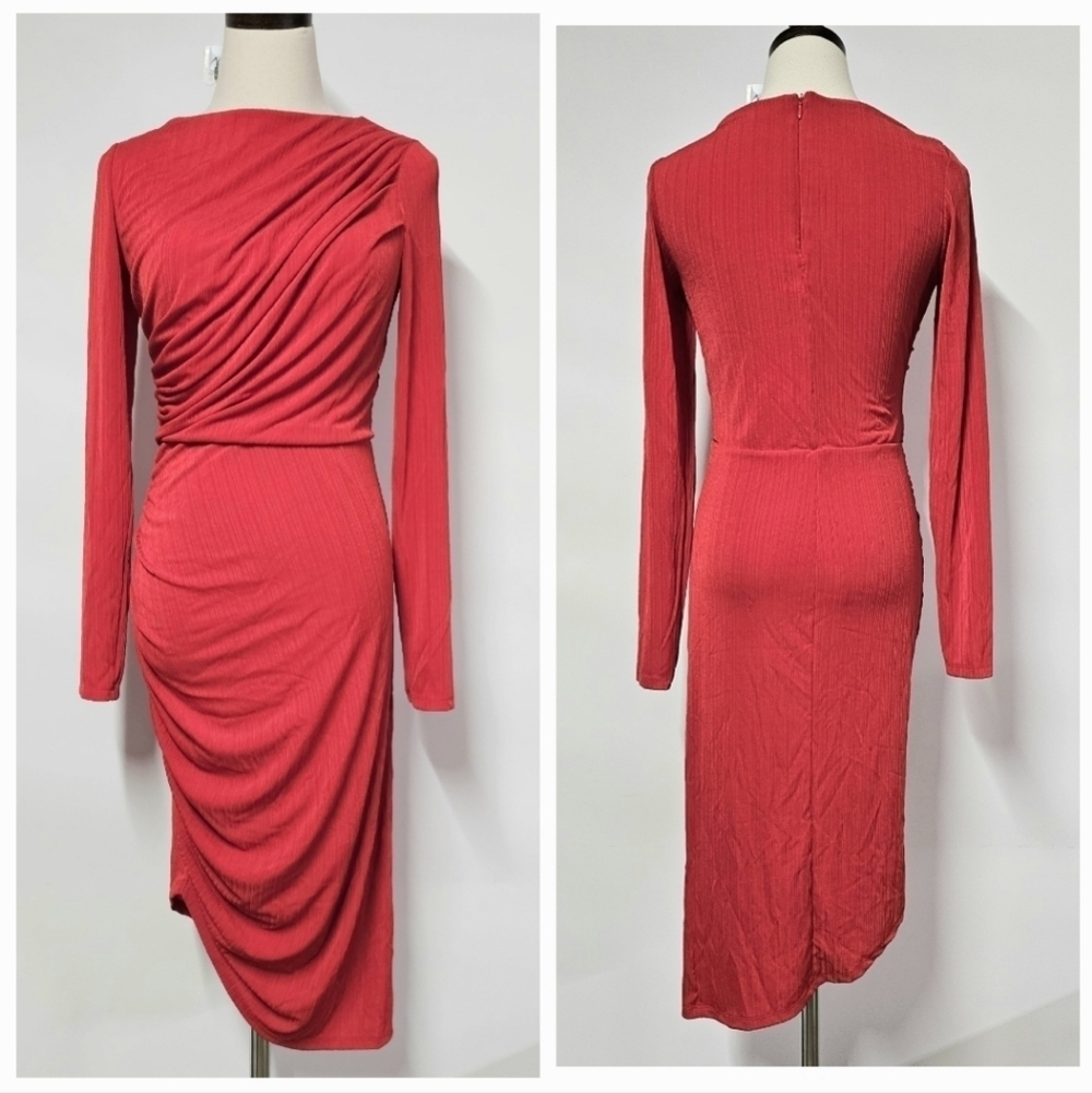 H&M Small Ruched Red Midi Coctail Party Career Sheath Longsleeve Bodycon Dress